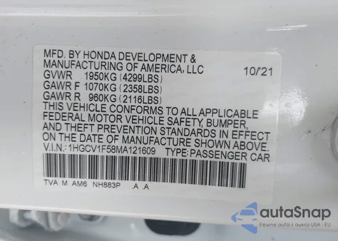 2021 Honda Accord Ex-L z USA, uszkodzony, nr VIN 1HGCV1F58MA121609